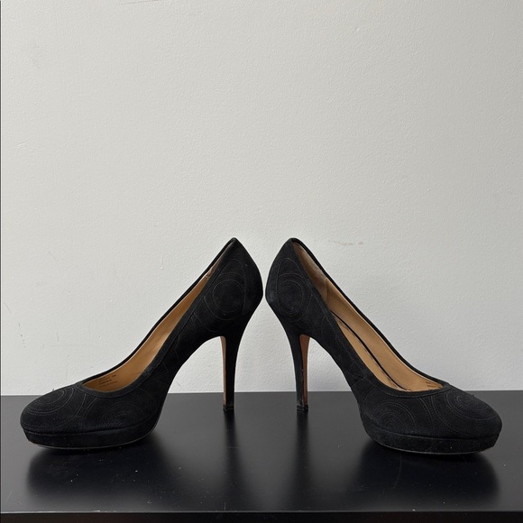 Coach Brigett suede logo stitched platform pumps heels stiletto black 10B - Picture 7 of 16